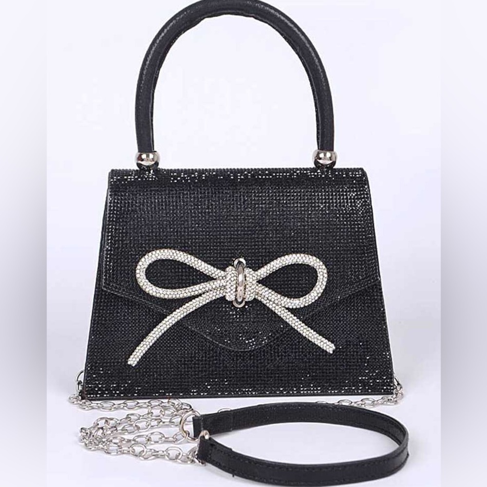 Rhinestone Black or Silver Bow Handbag with Chain Strap
